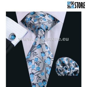 Lipsu komplekt, mansetinööpide ja rinnarätikuga, hall-siniste lilledega