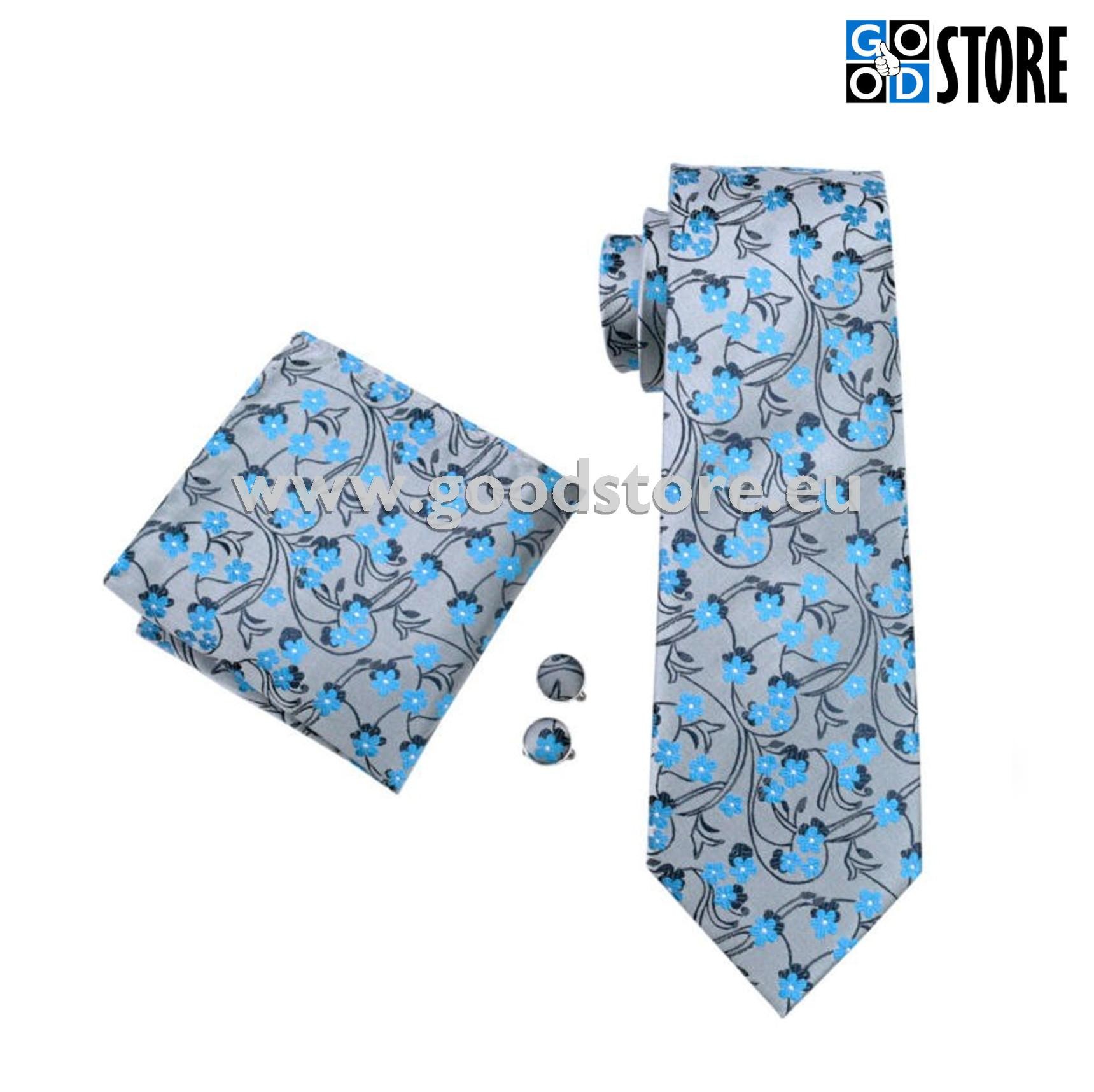 Lipsu komplekt, mansetinööpide ja rinnarätikuga, hall-siniste lilledega