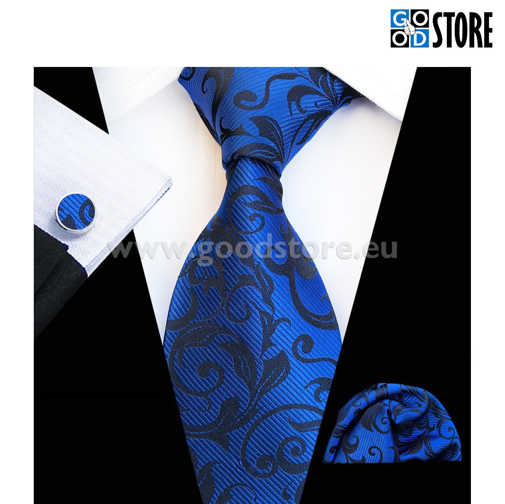 Luksuslik siidlipsu komplekt, mansetinööpide ja rinnarätikuga, tumesinine