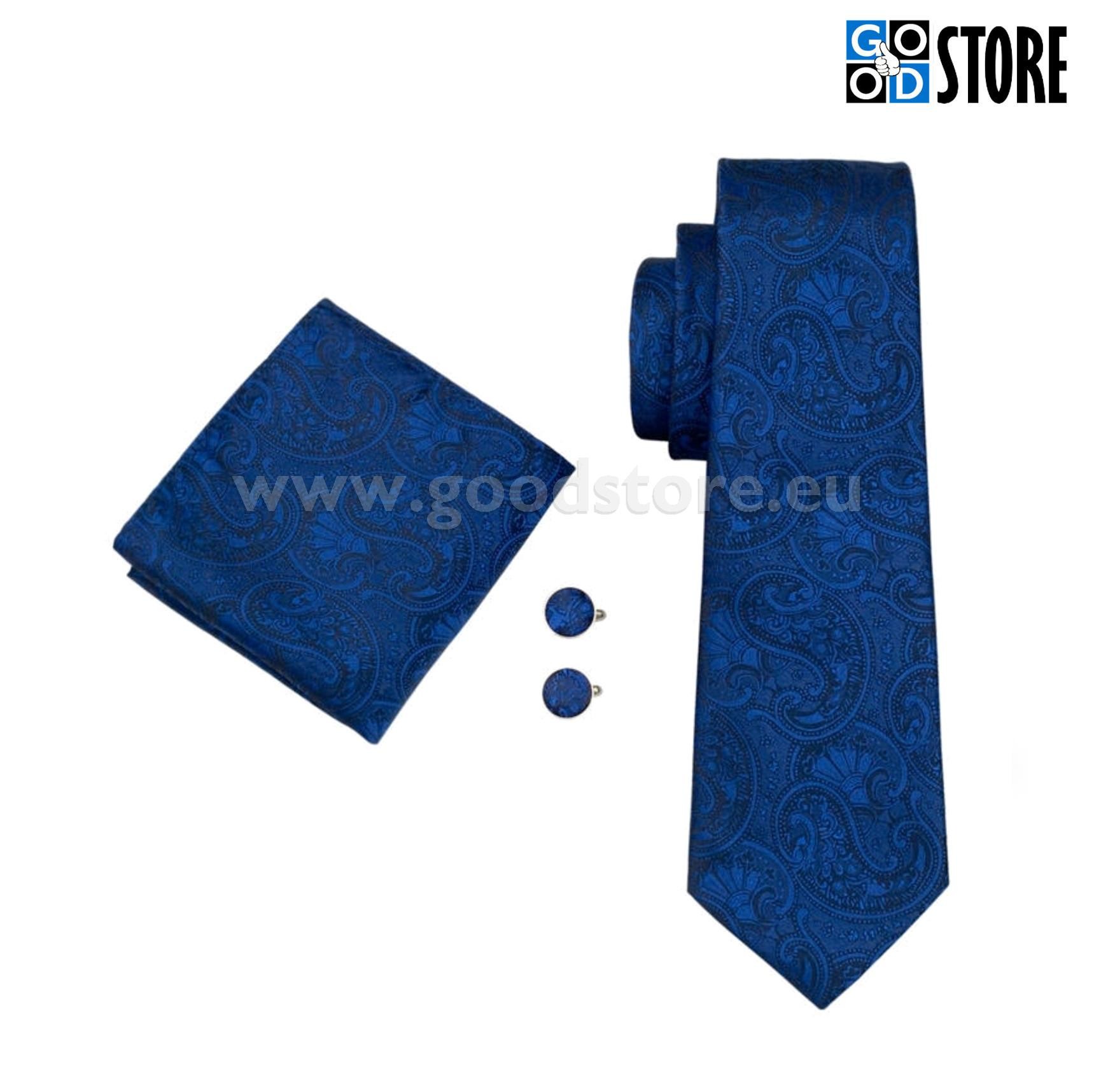 Luksuslik siidlipsu kinkekarp, mansetinööpide ja rinnarätikuga, tumesinine