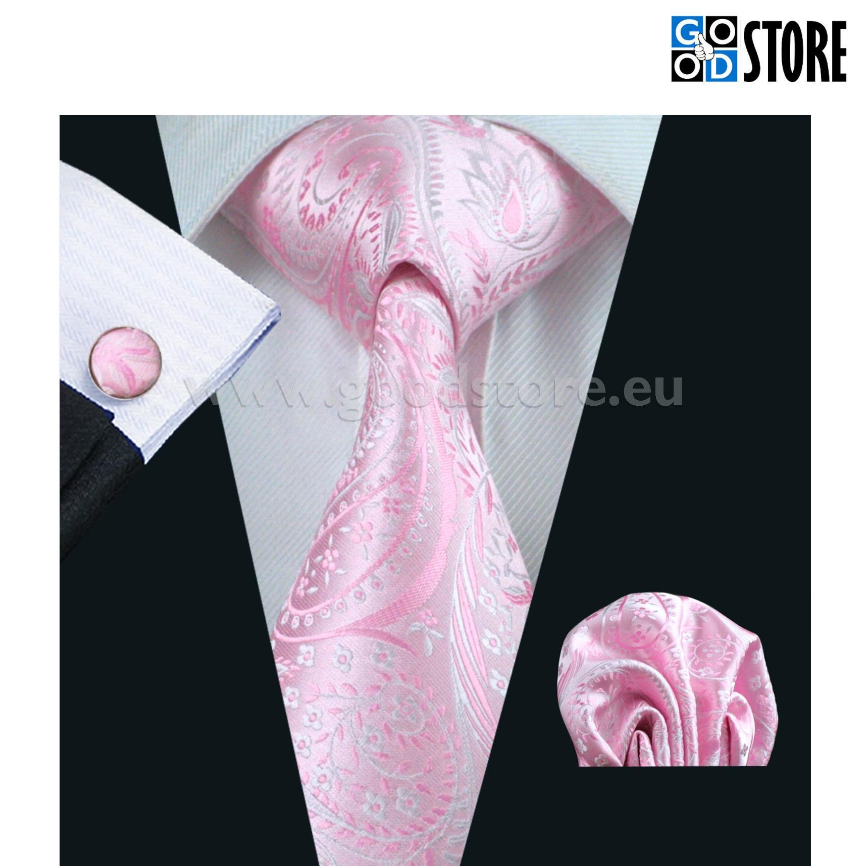 Luksusliku siidlipsu kinkekarp, mansetinööpide ja rinnarätikuga, säravroosa