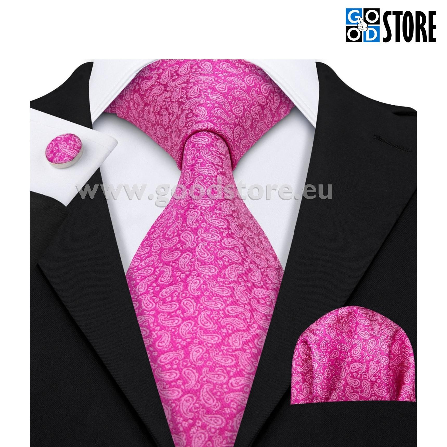 Luksusliku siidlipsu kinkekarp, mansetinööpide ja rinnarätikuga, särav roosa peene mustriga