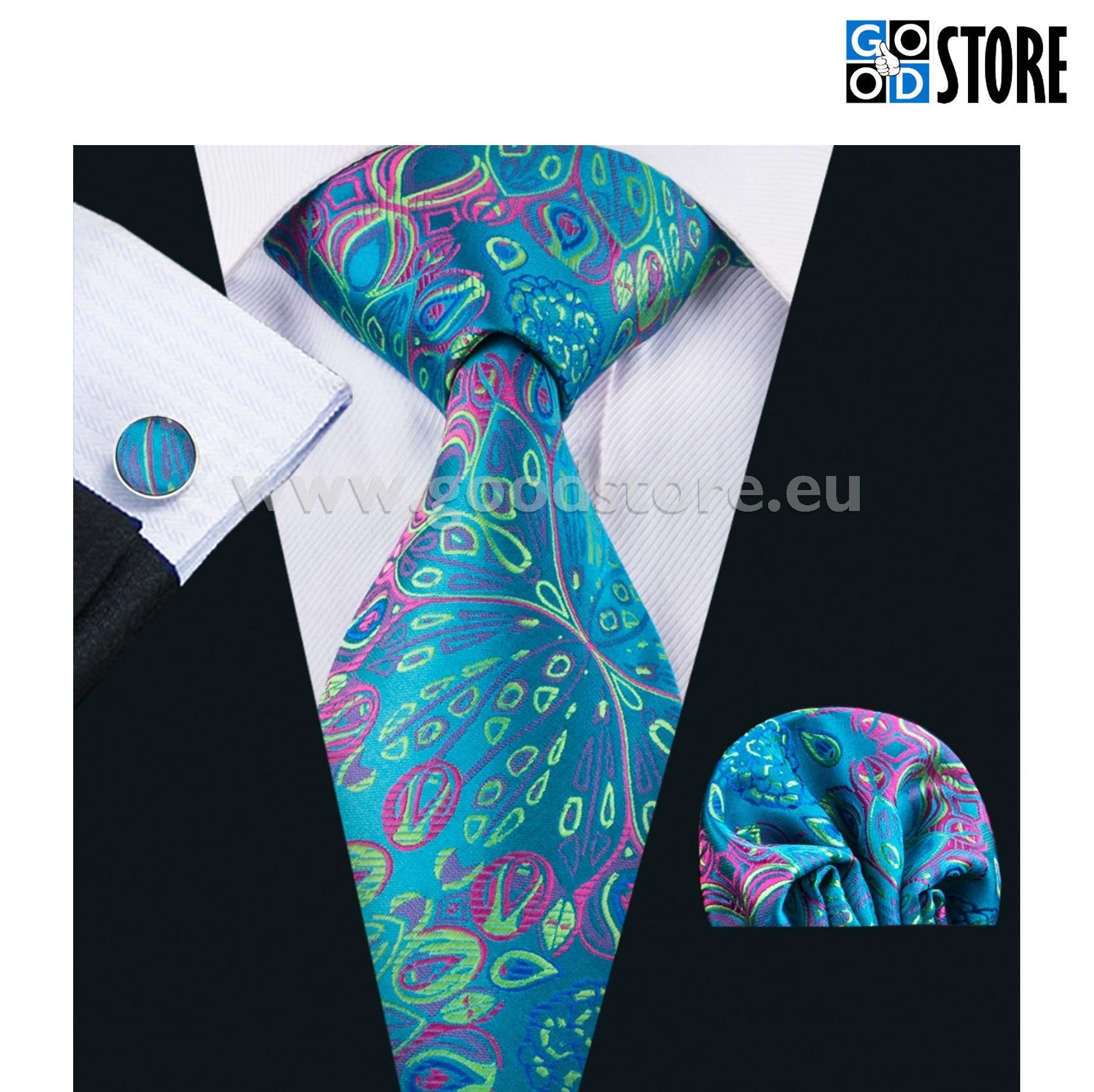 Luksusliku siidlipsu kinkekarp, mansetinööpide ja rinnarätikuga, paabulinnu värvides