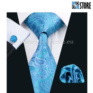 Luksuslik siidlipsu kinkekarp, mansetinööpide ja rinnarätikuga, järvesinine