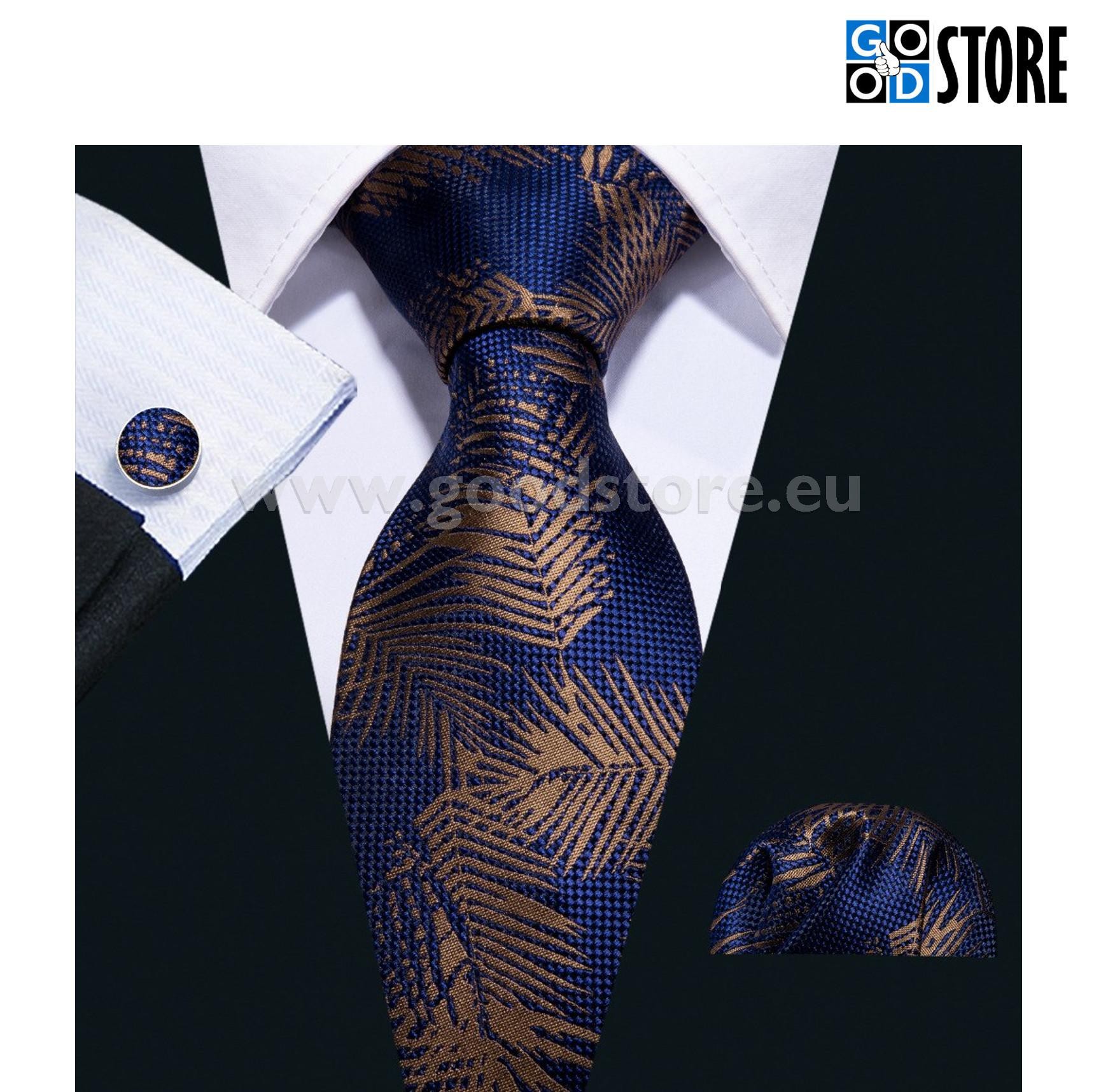 Luksusliku siidlipsu kinkekomplekt, mansetinööpide ja rinnarätikuga, palmilehe motiiviga