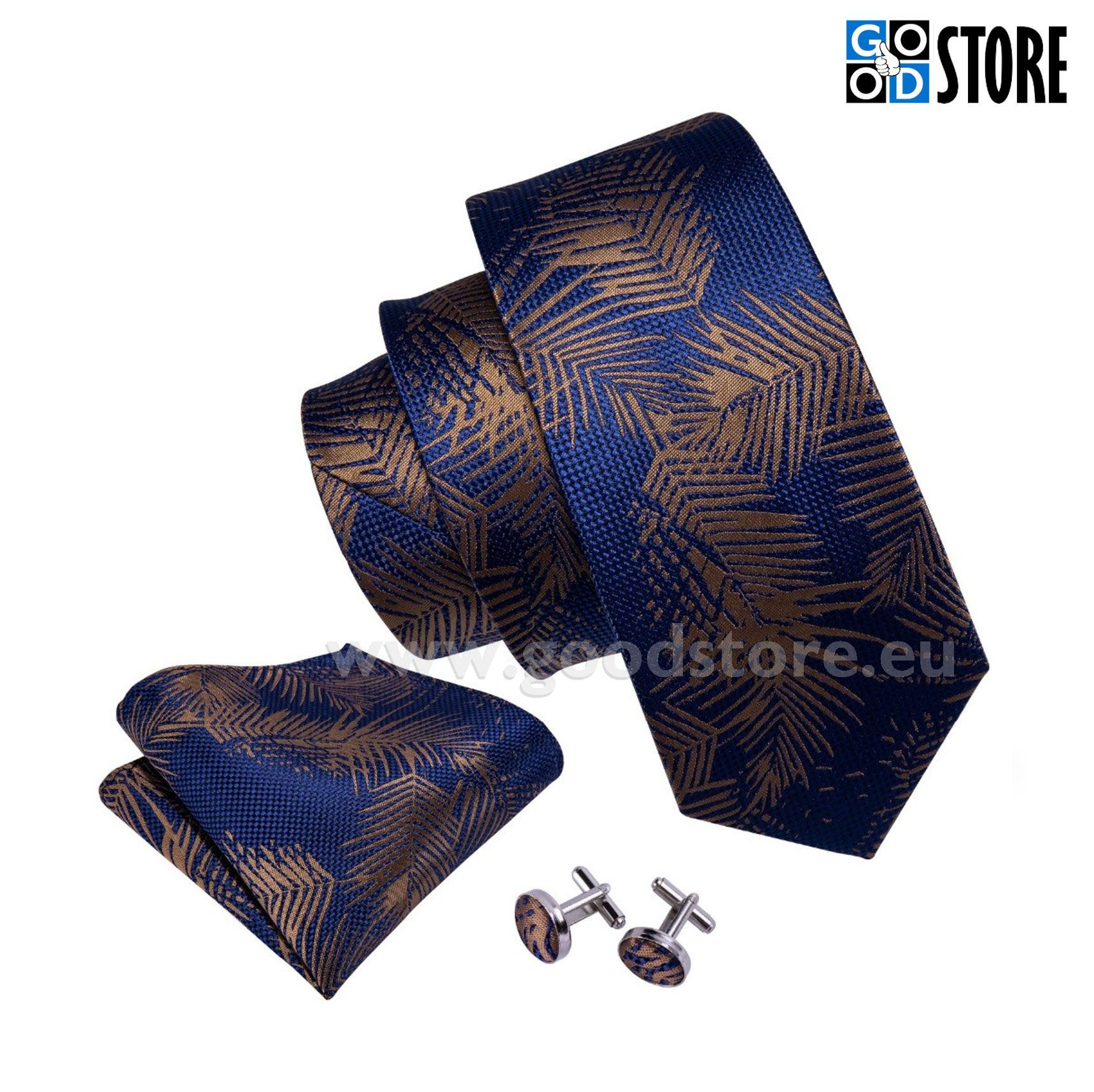 Luksusliku siidlipsu kinkekomplekt, mansetinööpide ja rinnarätikuga, palmilehe motiiviga