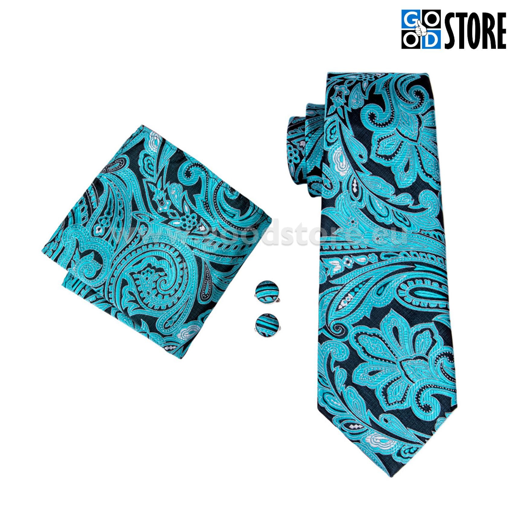 Luksuslik siidlipsu komplekt, mansetinööpide ja rinnarätikuga, sinakasroheline ja must