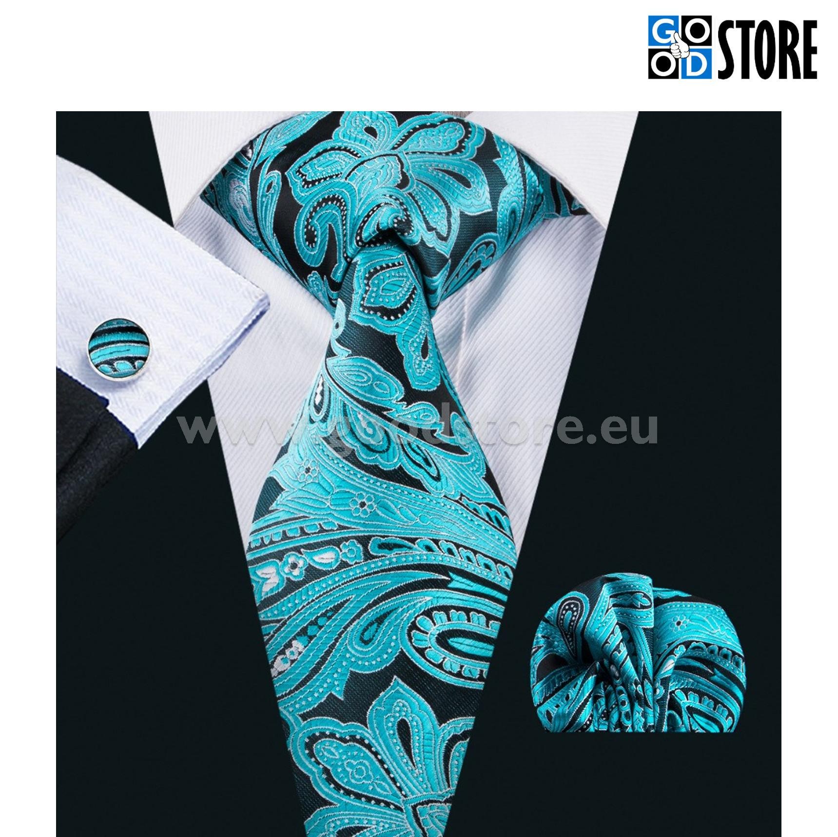 Luksuslik siidlipsu komplekt, mansetinööpide ja rinnarätikuga, sinakasroheline ja must