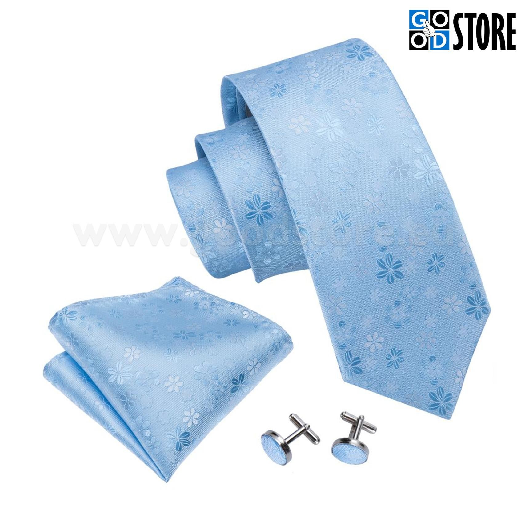 Luksuslik lipsu komplekt mansetinööpide ja rinnataskurätikuga, kirgas helesinine