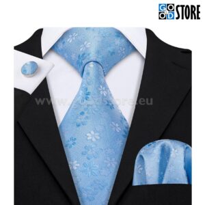 Luksuslik lipsu komplekt mansetinööpide ja rinnataskurätikuga, kirgas helesinine