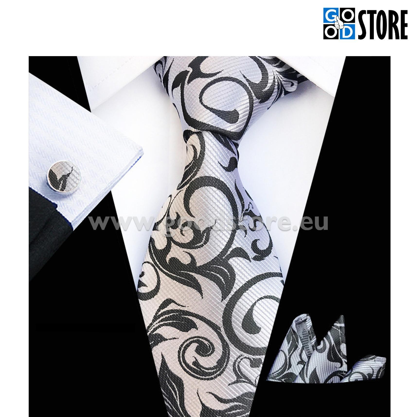 Luksuslik seotava lipsu komplekt, hõbe-must lilleline