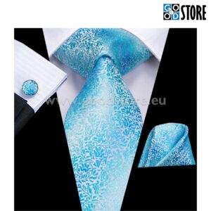 Luksuslik siidlipsu kinkekarp, mansetinööpide ja rinnarätikuga, kirgas helesinine