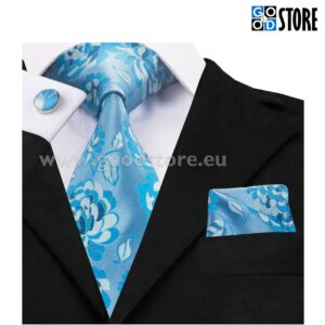 Luksuslik siidlipsu kinkekarp, mansetinööpide ja rinnarätikuga, helesinine lilleline