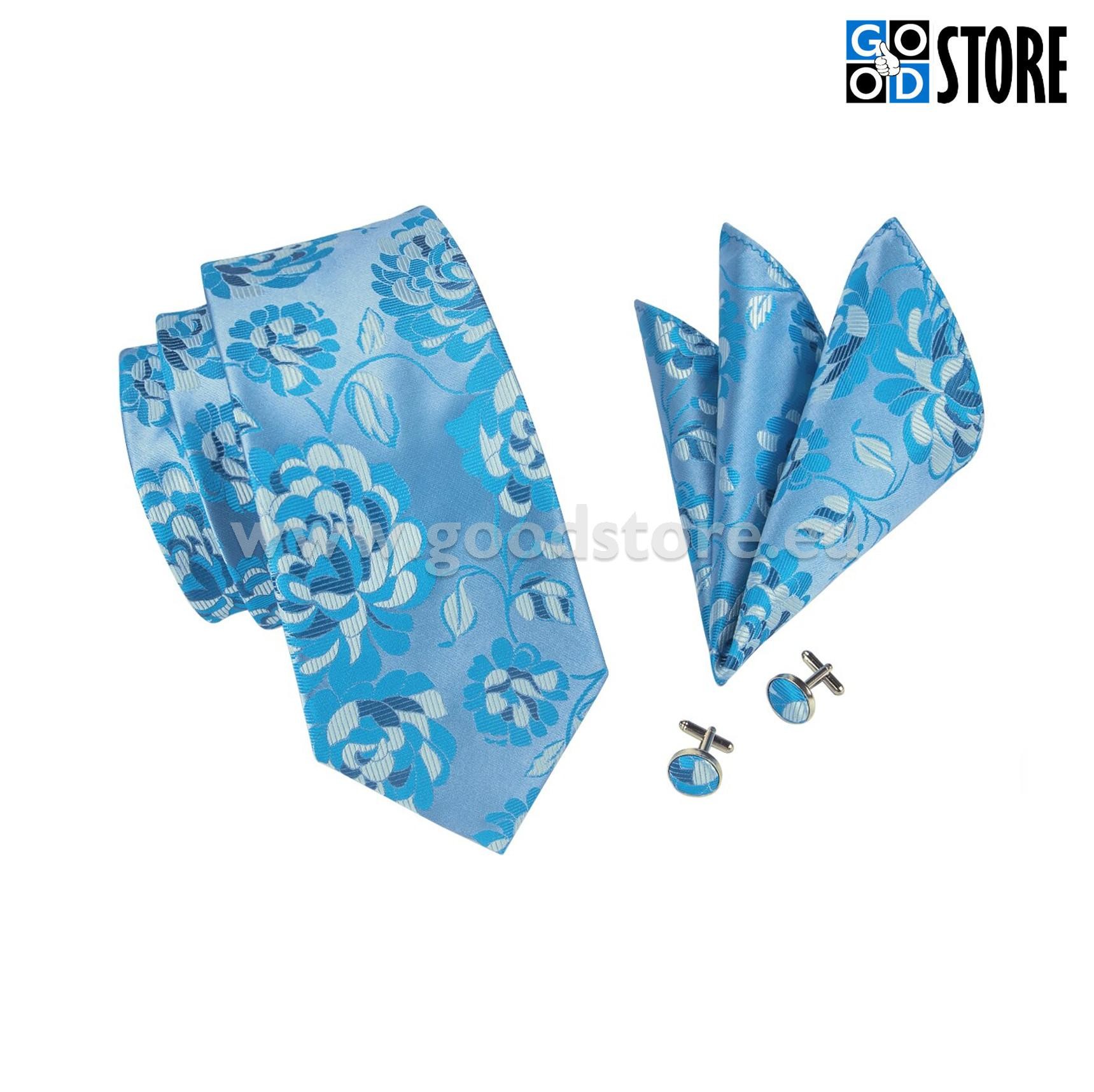 Luksuslik siidlipsu kinkekarp, mansetinööpide ja rinnarätikuga, helesinine lilleline