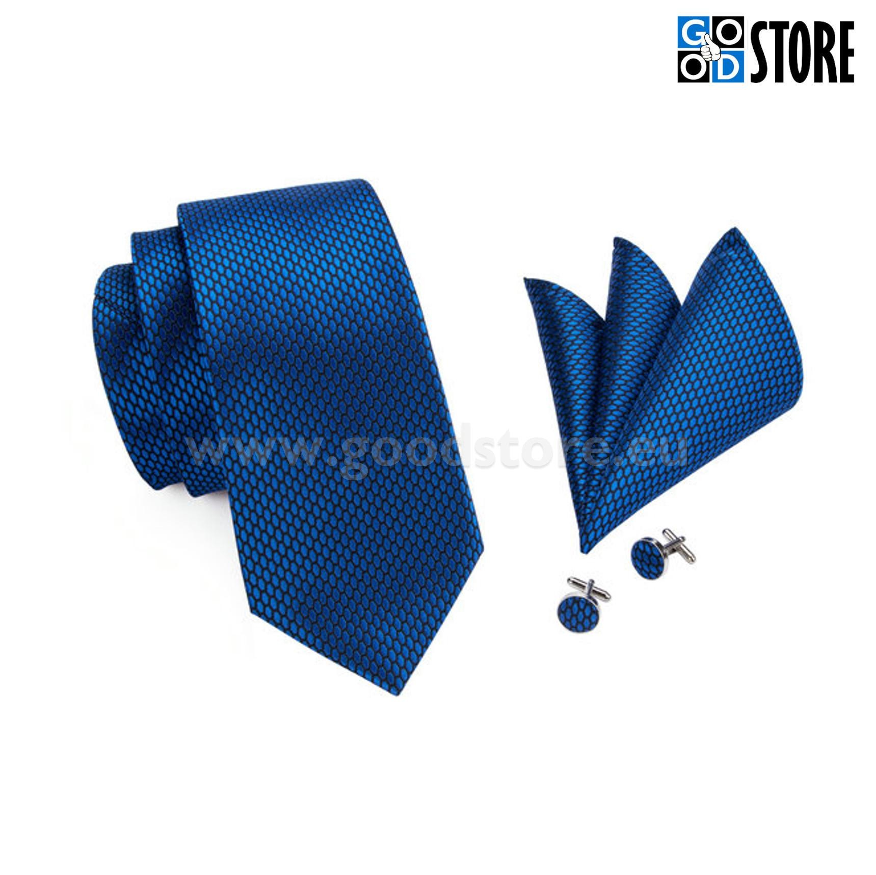 Luksusliku siidlipsu kinkekarp, mansetinööpide ja rinnarätikuga, sinine