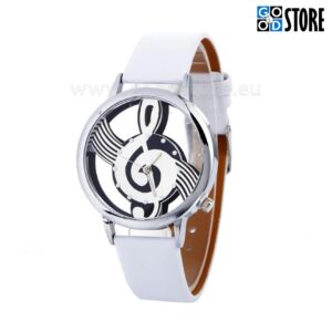 Naiste käekell, Viiulivõtme kujuline numbrilaud, valge rihmaga hõbedane