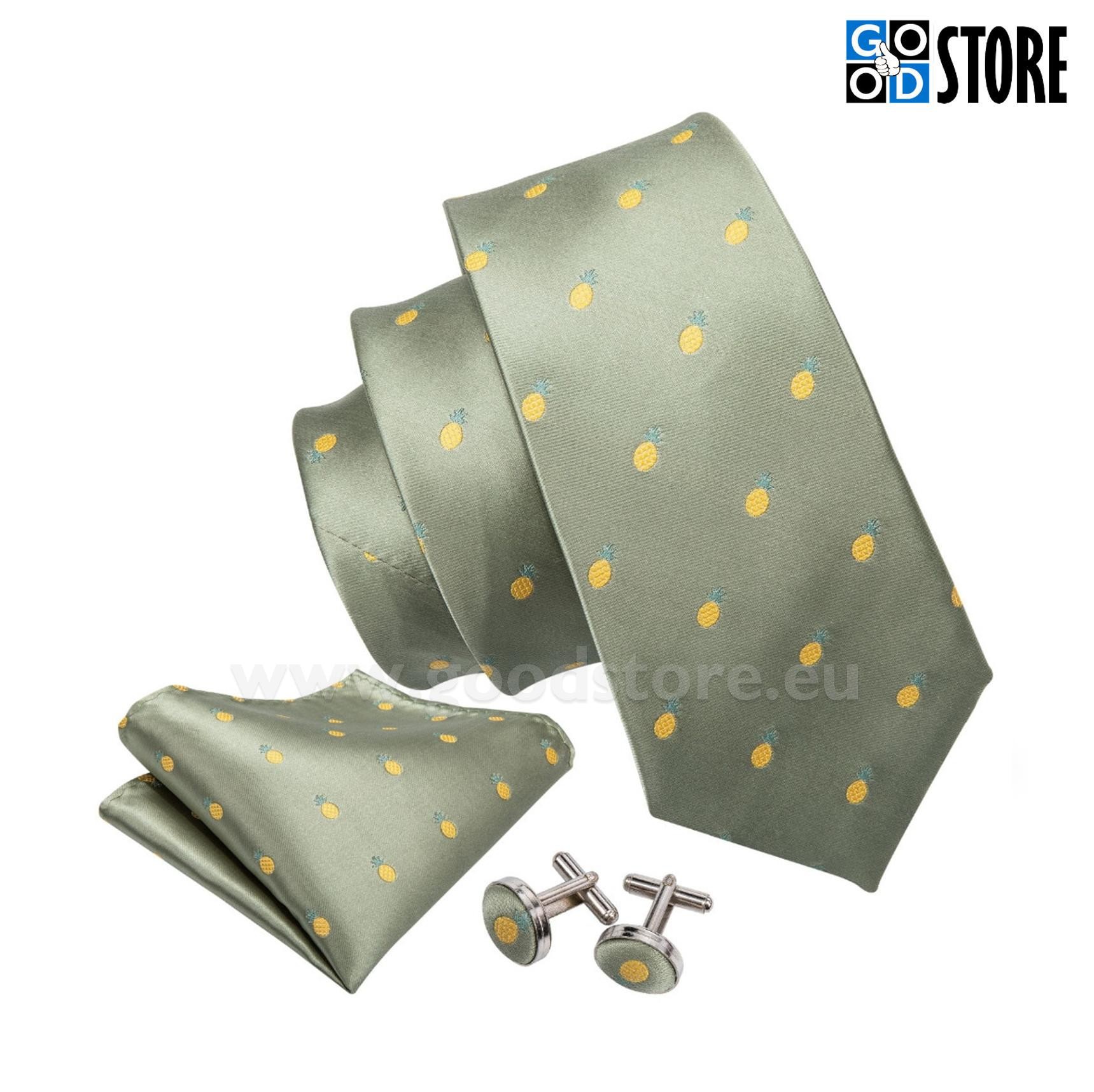 Siidlipsu komplekt, mansetinööpide ja rinnarätikuga, roheline lips kollaste tikitud ananassidega