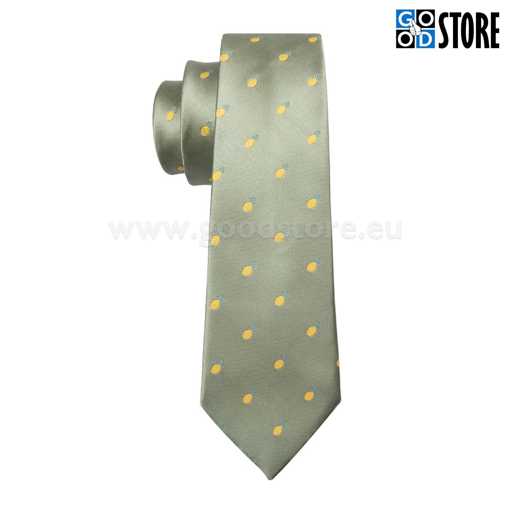 Siidlipsu komplekt, mansetinööpide ja rinnarätikuga, roheline lips kollaste tikitud ananassidega