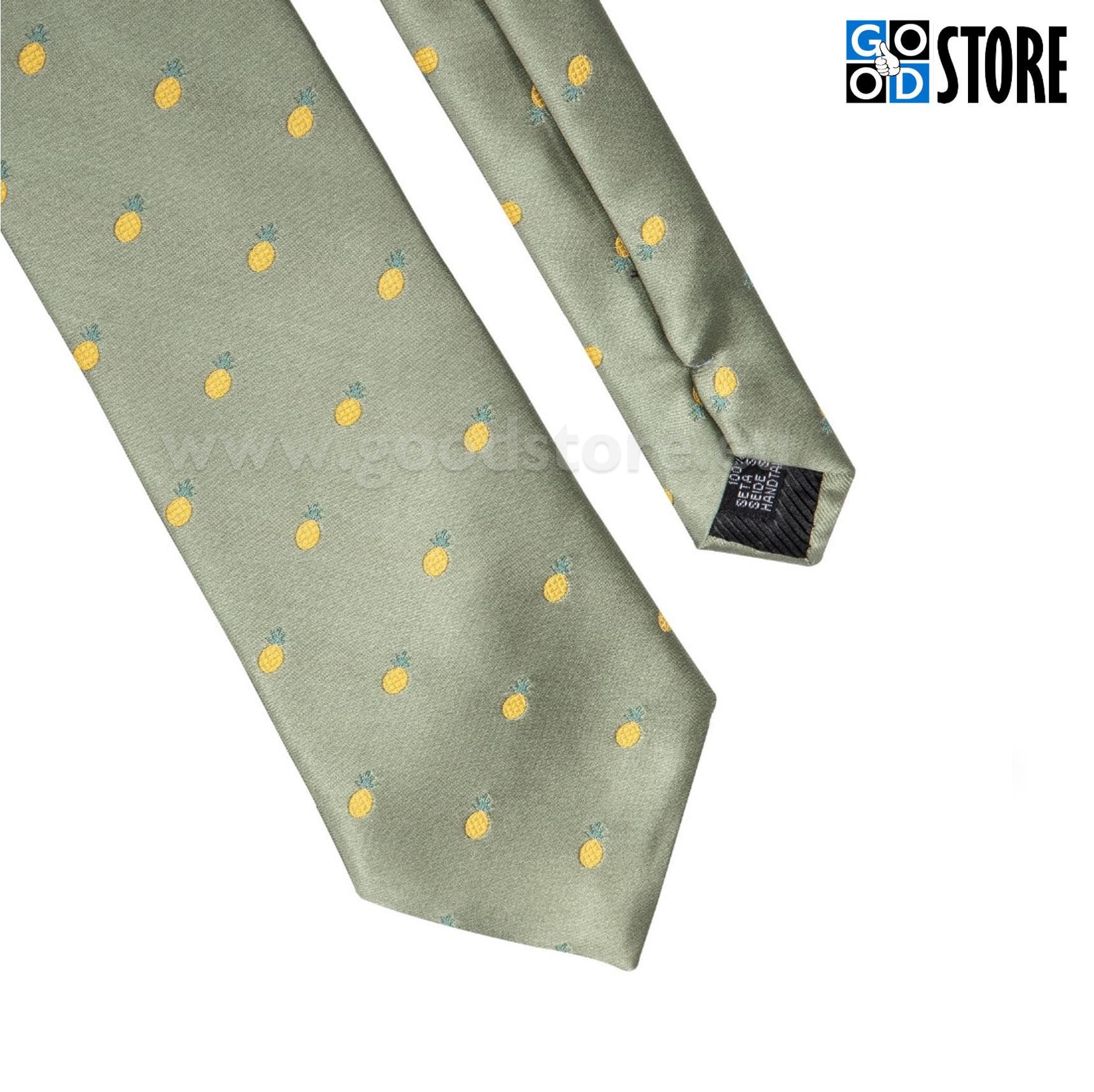 Siidlipsu komplekt, mansetinööpide ja rinnarätikuga, roheline lips kollaste tikitud ananassidega