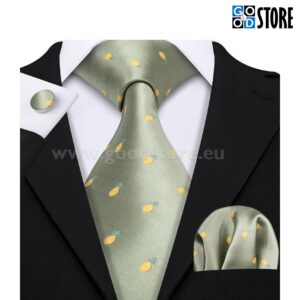 Siidlipsu komplekt, mansetinööpide ja rinnarätikuga, roheline lips kollaste tikitud ananassidega