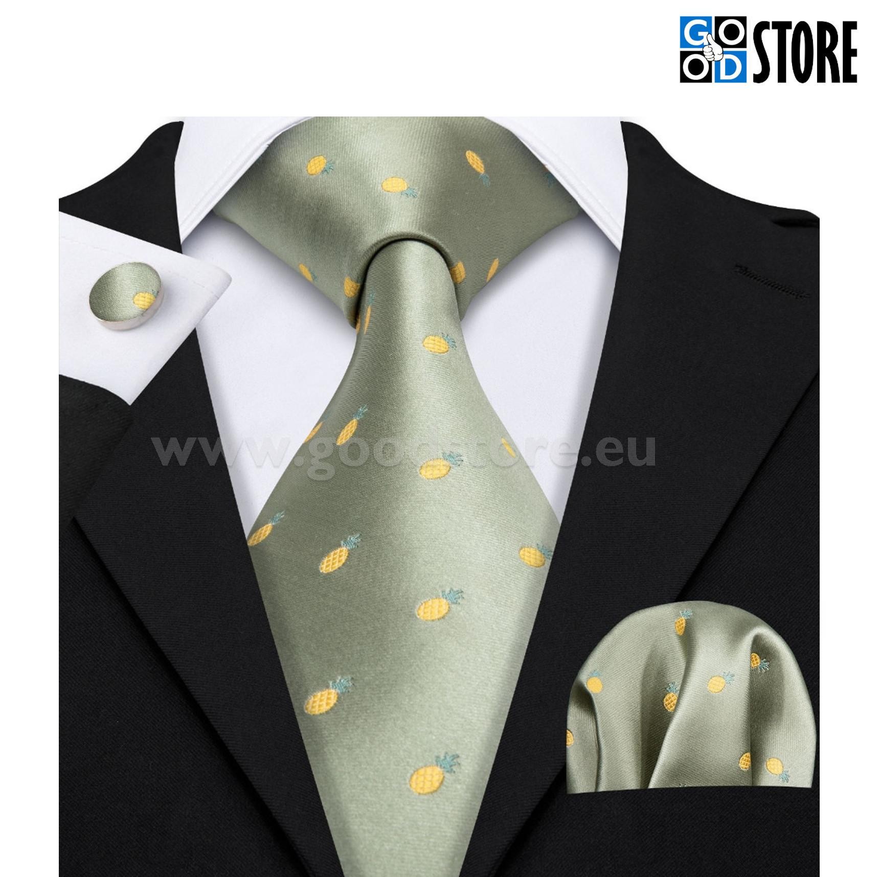 Siidlipsu komplekt, mansetinööpide ja rinnarätikuga, roheline lips kollaste tikitud ananassidega