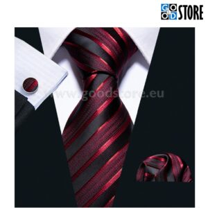 Seotava siidlipsu kinkekomplekt mansetinööpide ja rinnataskurätikuga, tumepunane ja must