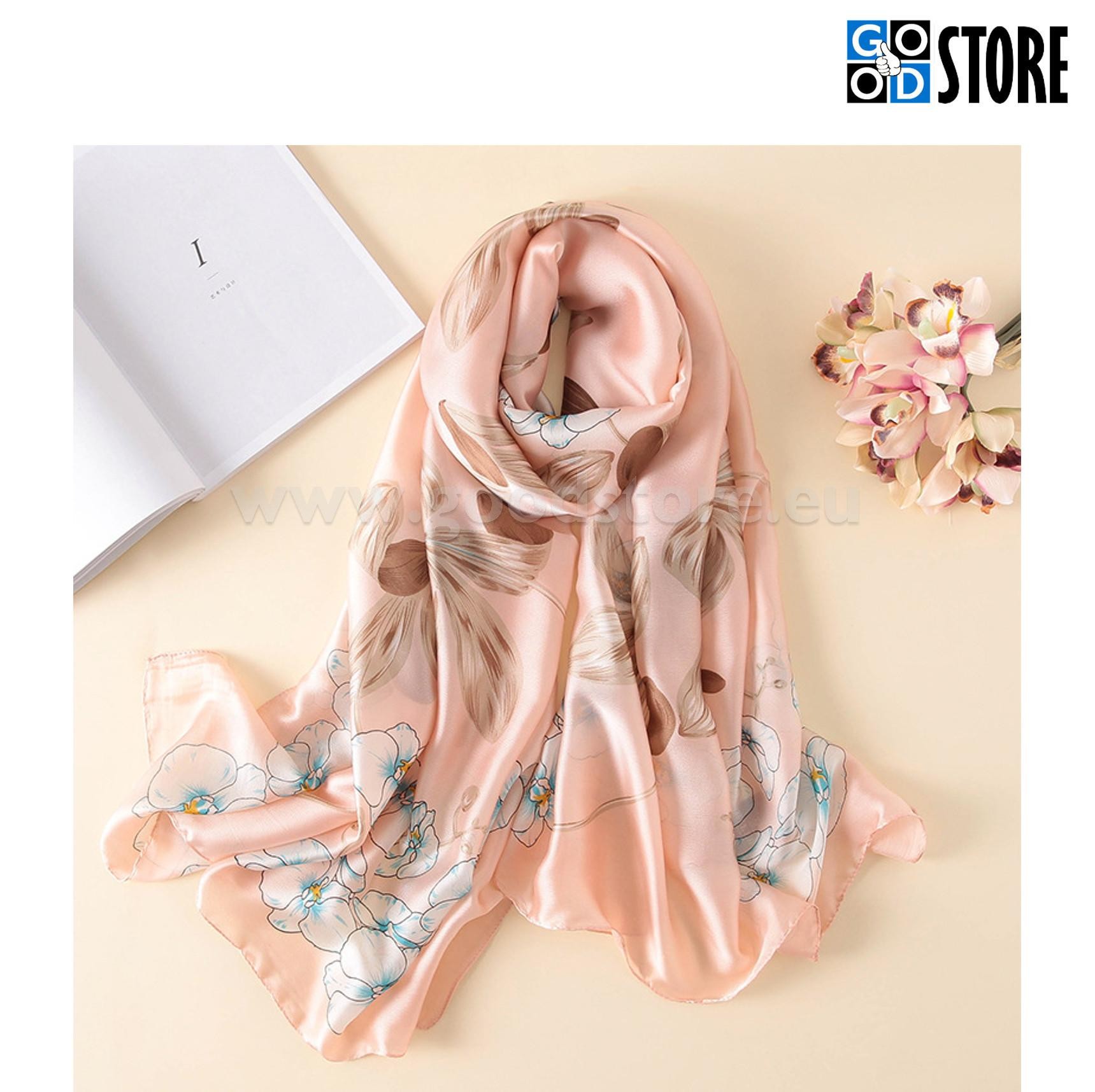 Naiste siidist rätik, 180 x 90cm, Virsikukarva ja lilledega